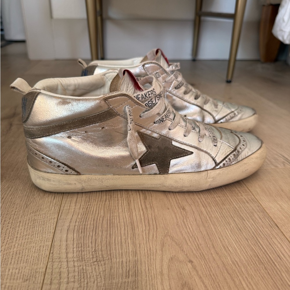 Golden Goose Midstar Sneakers, Laminated Silver/Taupe, 39